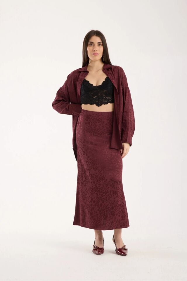 Kadın Dokulu 93cm  Desenli Kloş Model  Uzun Etek S - BORDO