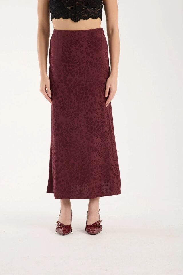 Kadın Dokulu 93cm  Desenli Kloş Model  Uzun Etek L - BORDO