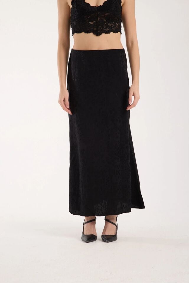 Kadın Dokulu 93cm  Desenli Kloş Model  Uzun Etek S - SİYAH