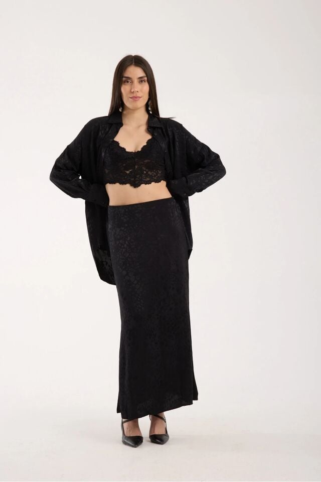 Kadın Dokulu 93cm  Desenli Kloş Model  Uzun Etek L - SİYAH