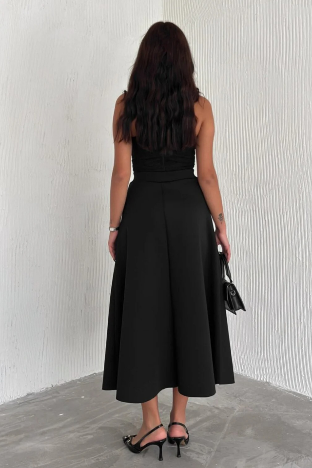 Kadın Scuba Maxiboy  Yüksek Bel Desenli Uzun Etek 2408 S - SİYAH