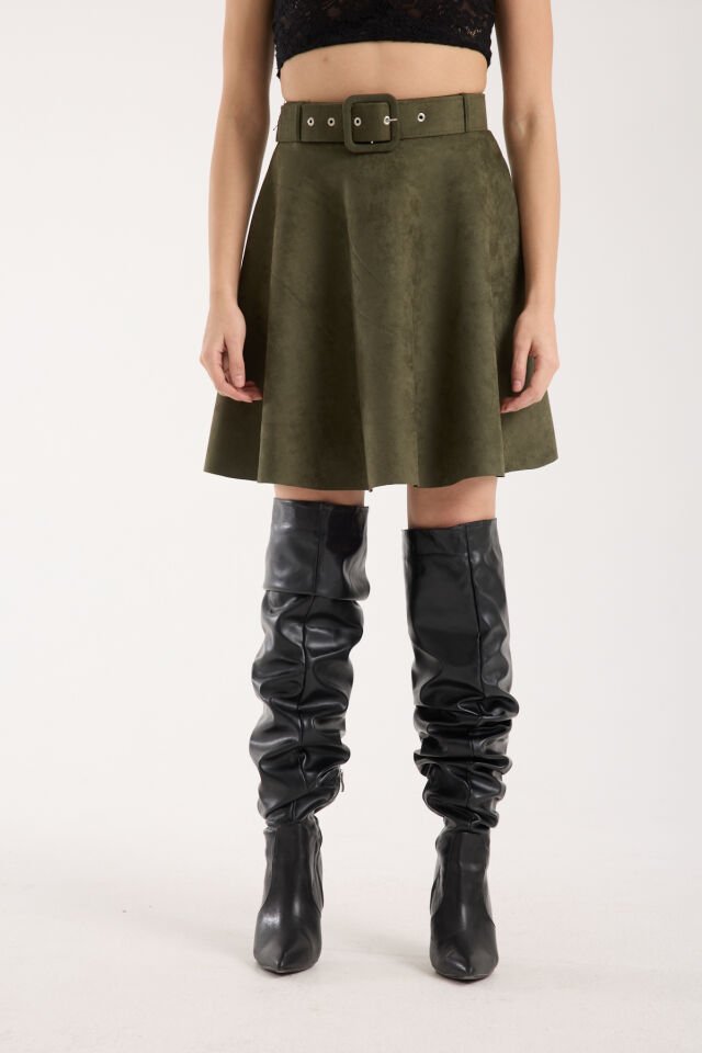 KLOŞ SÜET ETEK KEMERLİ / SUEDE SKIRT M - HAKİ