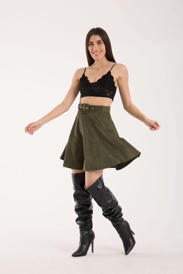 KLOŞ SÜET ETEK KEMERLİ / SUEDE SKIRT M - HAKİ