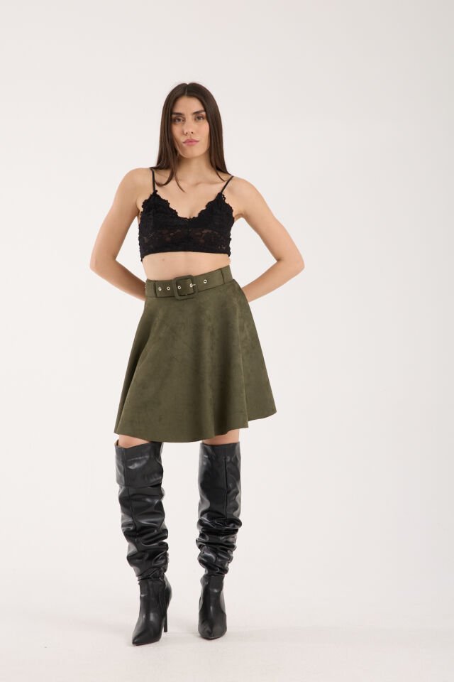 KLOŞ SÜET ETEK KEMERLİ / SUEDE SKIRT M - HAKİ