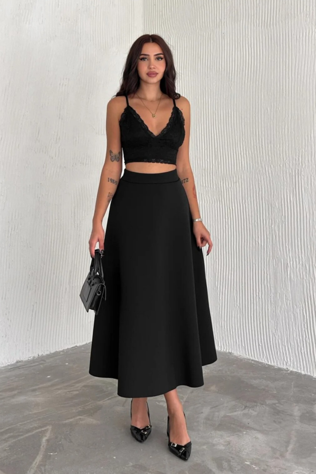 Kadın Scuba Maxiboy  Yüksek Bel Desenli Uzun Etek 2408 L - SİYAH