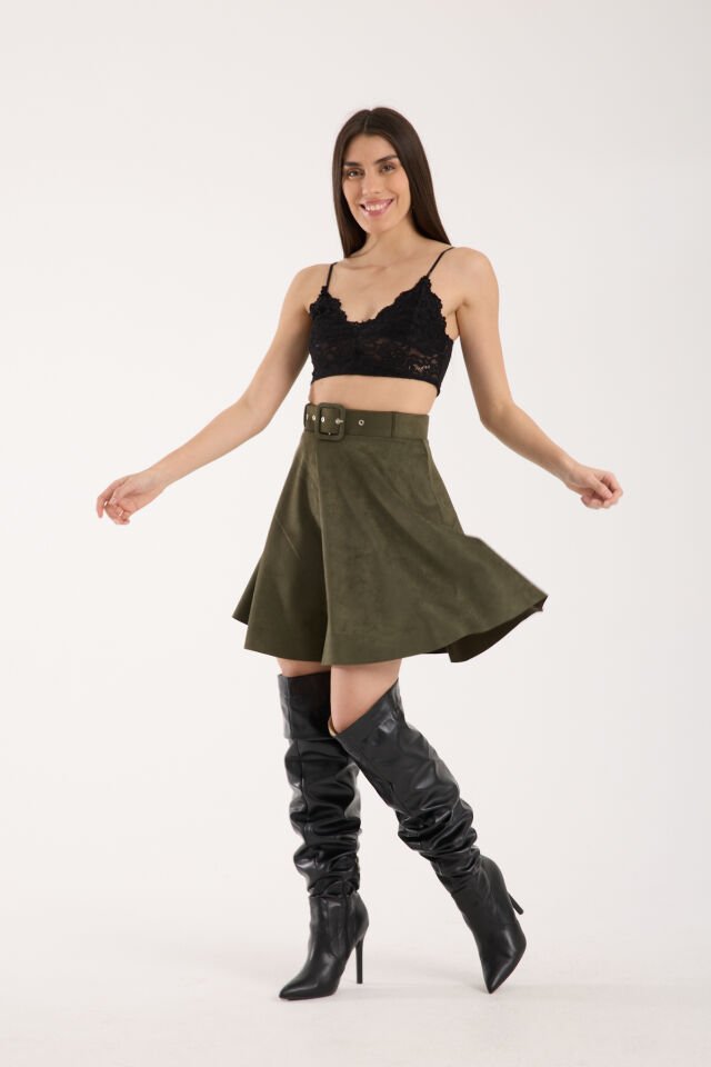 Kadın Kemerli Kloş Süet Etek 2423 L - HAKİ