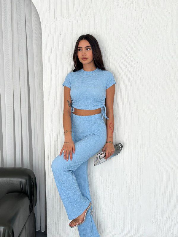 Kadın Gofre Kumaş Likralı Alt Üst Takım XL - MAVİ
