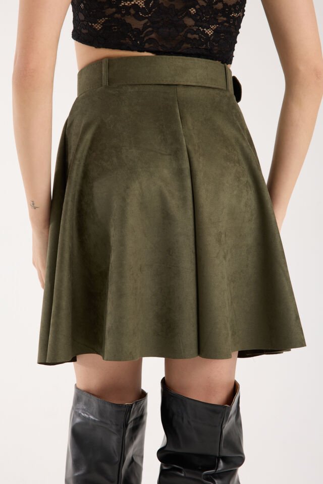 KLOŞ SÜET ETEK KEMERLİ / SUEDE SKIRT XL - HAKİ