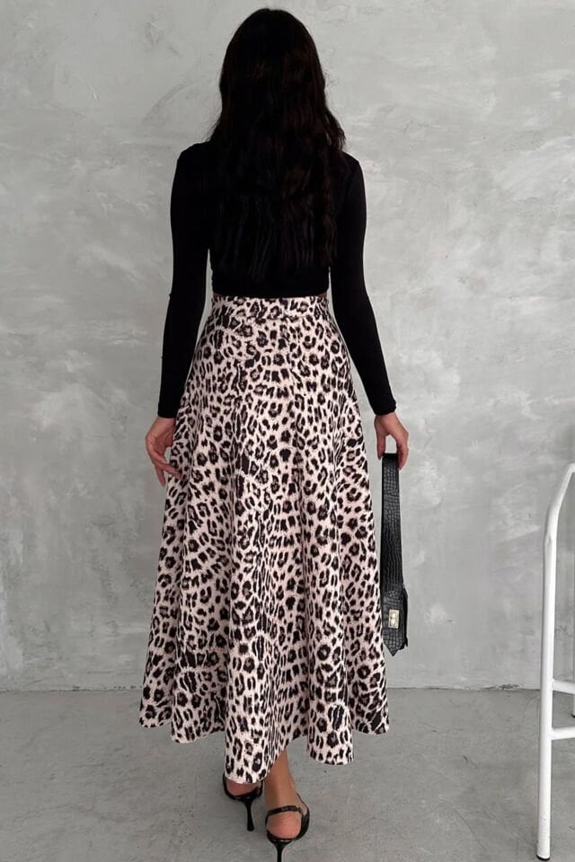 Kadın Scuba Maxiboy  Yüksek Bel Desenli Uzun Etek 2408 M - LEOPAR DESENLİ