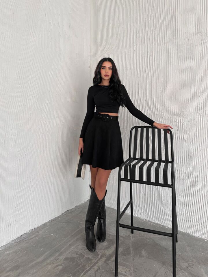 KLOŞ SÜET ETEK KEMERLİ / SUEDE SKIRT M - SİYAH