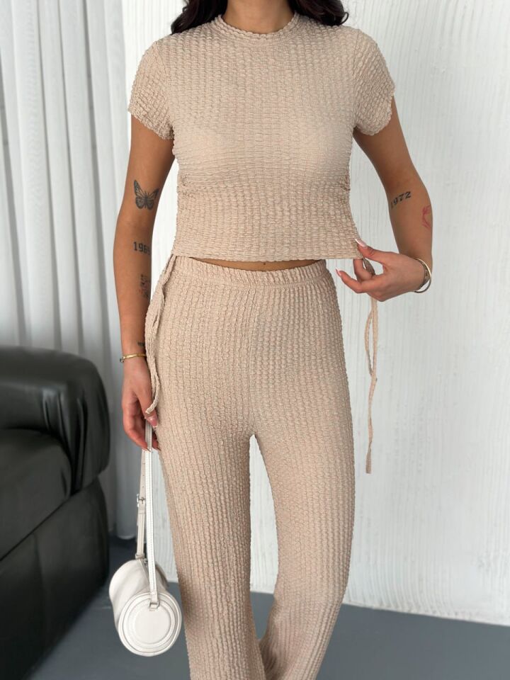Kadın Gofre Kumaş Likralı Alt Üst Takım XL - BEJ