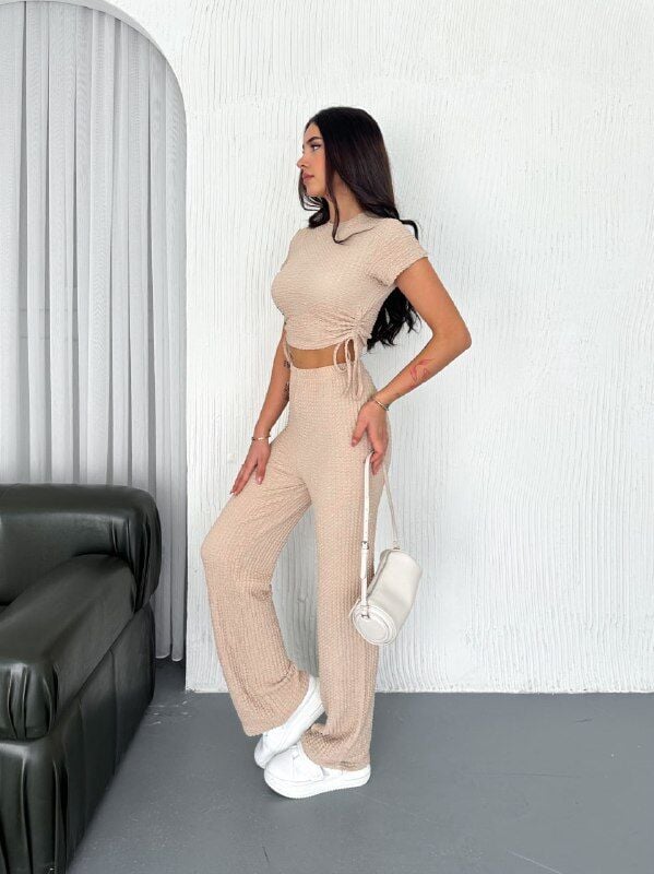 Kadın Gofre Kumaş Likralı Alt Üst Takım XL - BEJ
