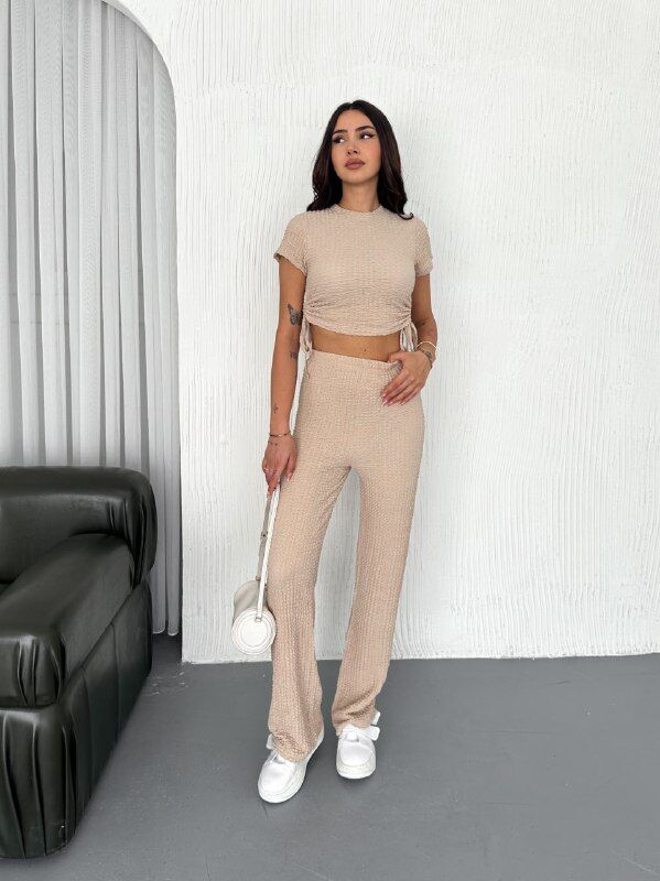 Kadın Gofre Kumaş Likralı Alt Üst Takım XL - BEJ