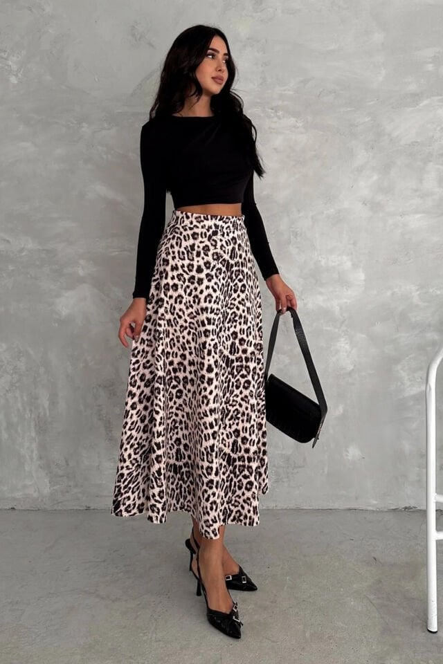 Kadın Scuba Maxiboy  Yüksek Bel Desenli Uzun Etek XL - LEOPAR DESENLİ