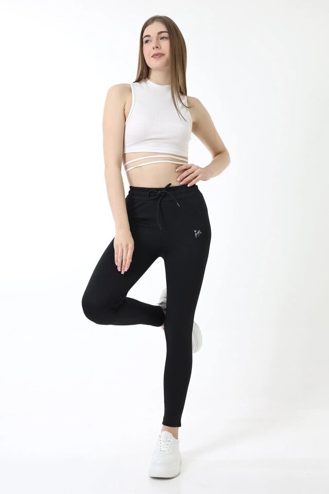 Kadın Orta Bel Likralı Kumaş Tayt Eşofman WM M - SİYAH