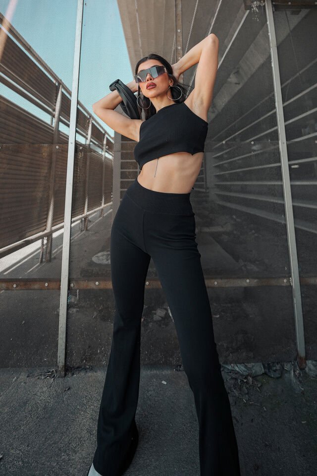 Kadın  İspanyol Paça Tayt Pantolon GENİŞ KEMER RİBANALI 2440 2XL - SİYAH