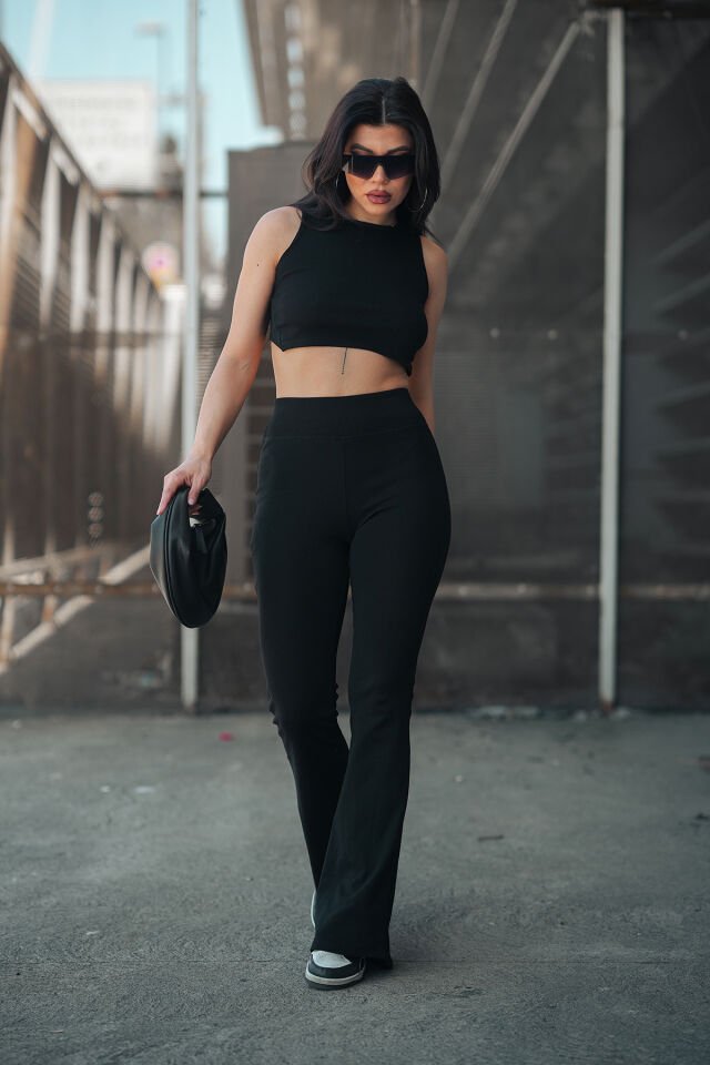 Kadın  İspanyol Paça Tayt Pantolon GENİŞ KEMER RİBANALI 2440 2XL - SİYAH