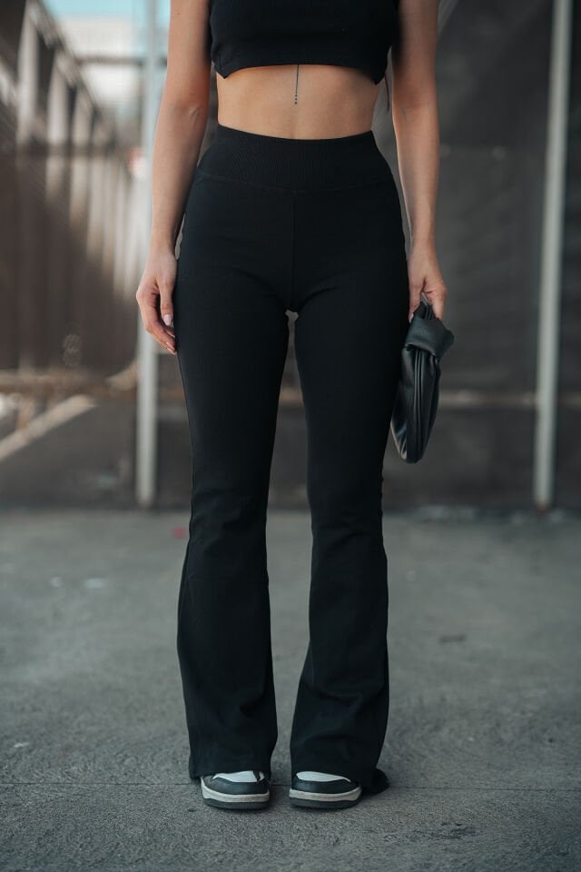 Kadın  İspanyol Paça Tayt Pantolon GENİŞ KEMER RİBANALI 2440 XS - SİYAH