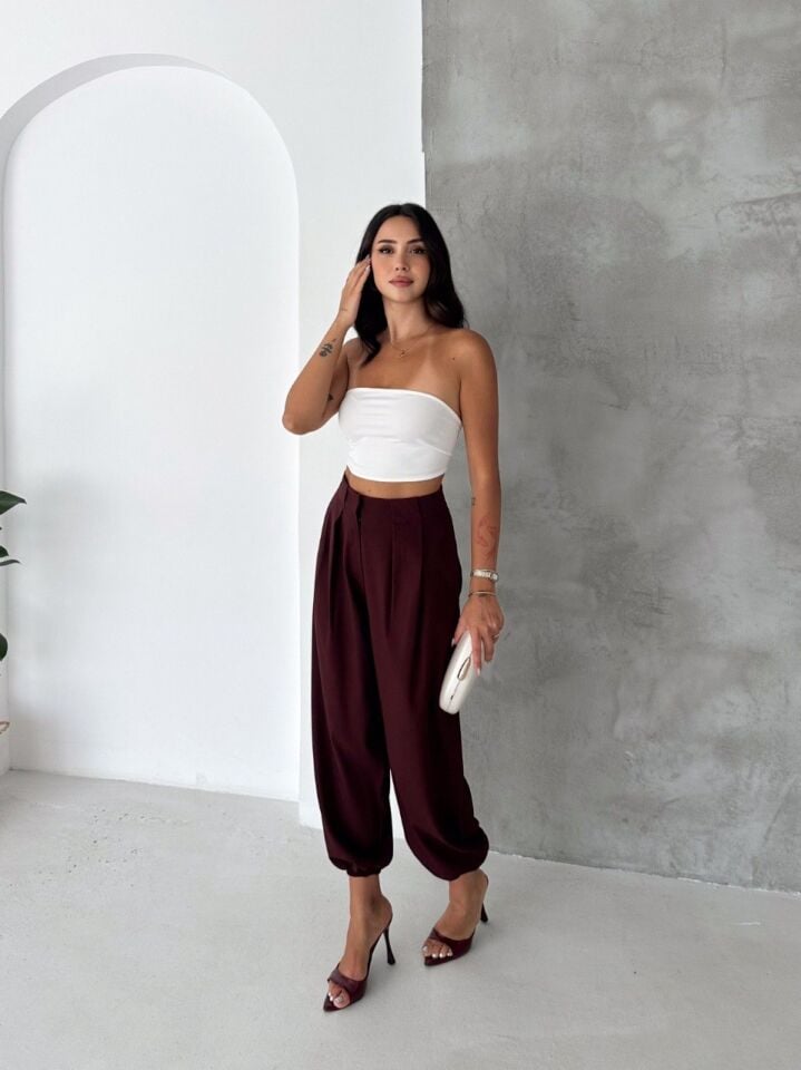 Kadın Yüksek Bel Pile Detaylı Paçası Büzgülü Salaş Dokuma Kumaş Pantolon - 2677 BORDO - XL