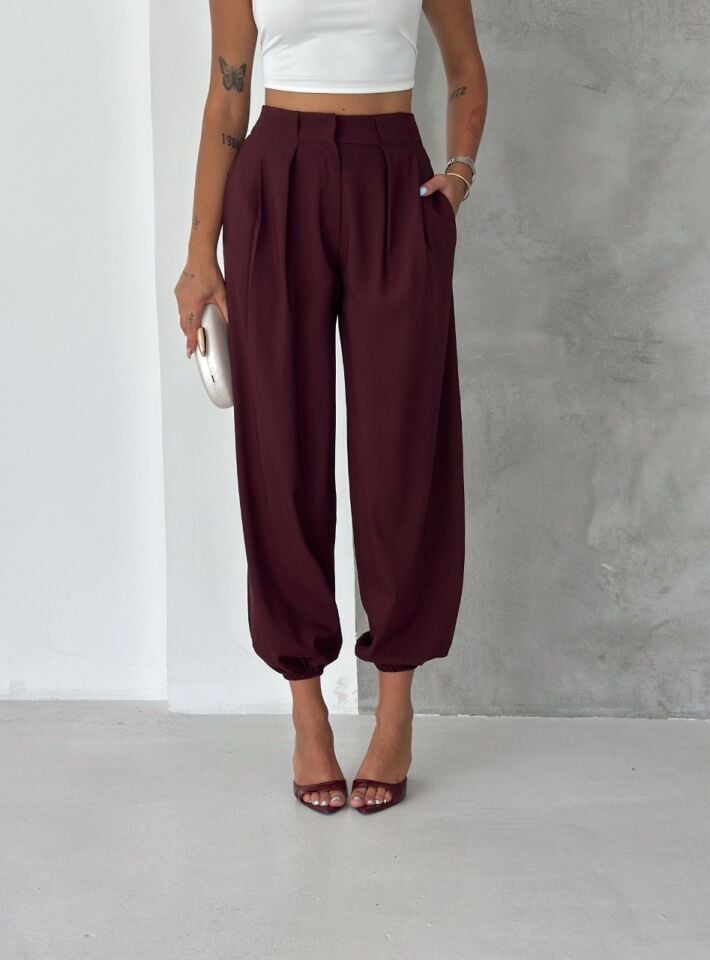 Kadın Yüksek Bel Pile Detaylı Paçası Büzgülü Salaş Dokuma Kumaş Pantolon - 2677 BORDO - XL
