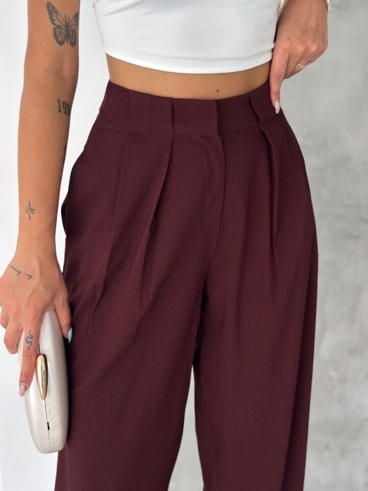 Kadın Yüksek Bel Pile Detaylı Paçası Büzgülü Salaş Dokuma Kumaş Pantolon - 2677 BORDO - XL