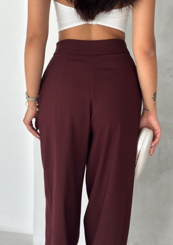 Kadın Yüksek Bel Pile Detaylı Paçası Büzgülü Salaş Dokuma Kumaş Pantolon - 2677 BORDO - XL