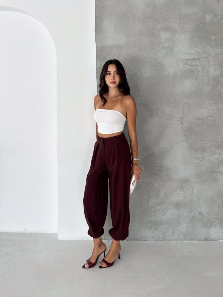 Kadın Yüksek Bel Pile Detaylı Paçası Büzgülü Salaş Dokuma Kumaş Pantolon - 2677 BORDO - XL