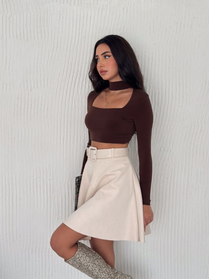 KLOŞ SÜET ETEK KEMERLİ / SUEDE SKIRT M - EKRU