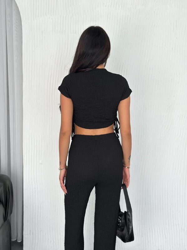 Kadın Gofre Kumaş Likralı Alt Üst Takım XL - SİYAH