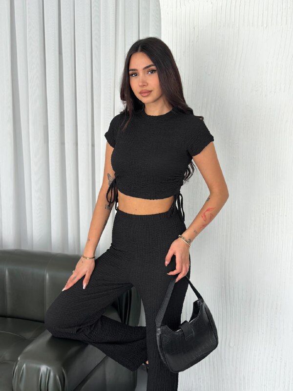 Kadın Gofre Kumaş Likralı Alt Üst Takım XL - SİYAH