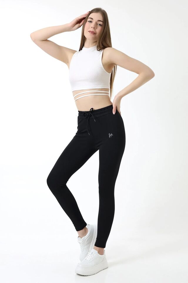 Kadın Orta Bel Likralı Kumaş Tayt Eşofman WM XS - SİYAH