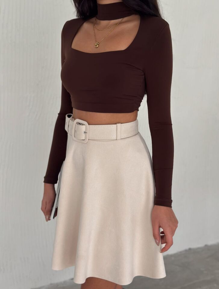 Kadın Kemerli Kloş Süet Etek 2423 L - EKRU