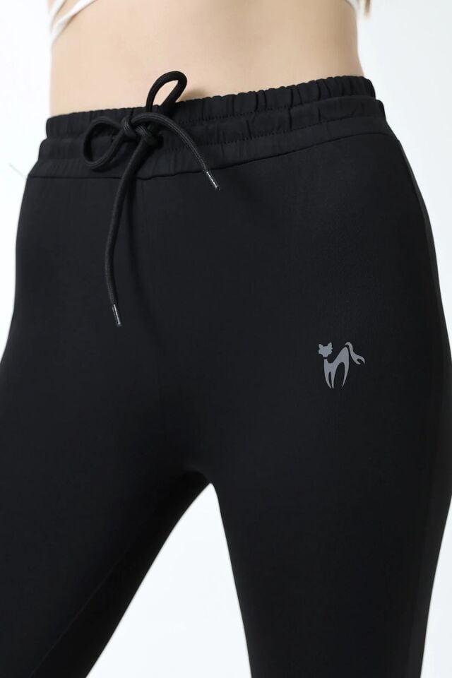 Kadın Siyah Orta Bel Likralı Kumaş Tayt Eşofman S - SİYAH