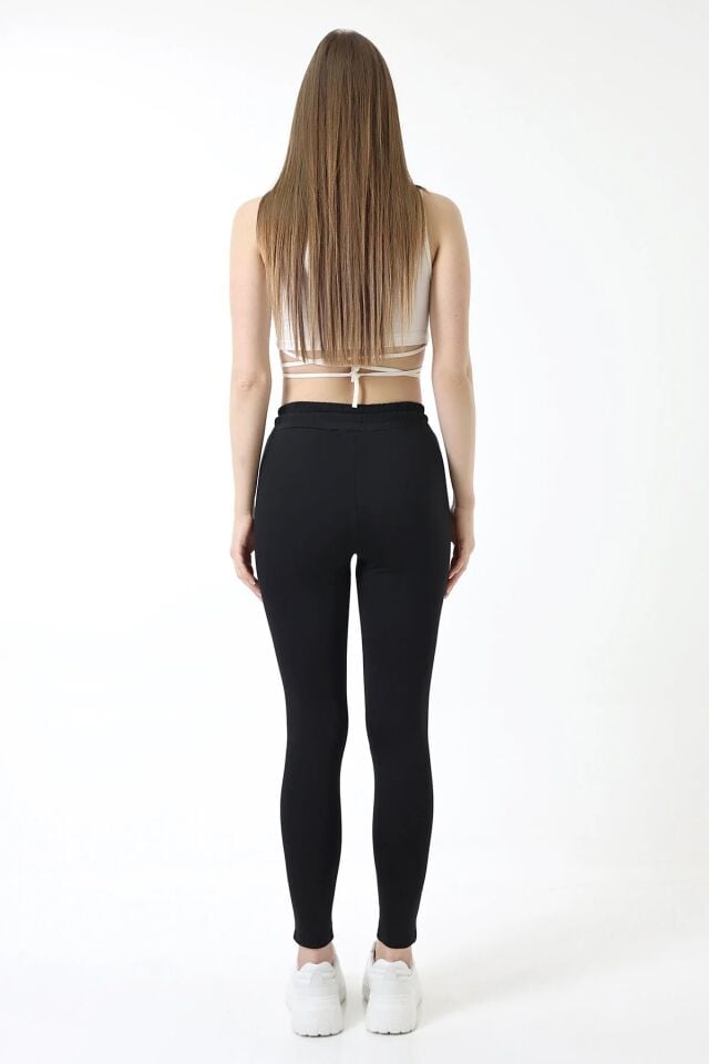 Kadın Siyah Orta Bel Likralı Kumaş Tayt Eşofman S - SİYAH