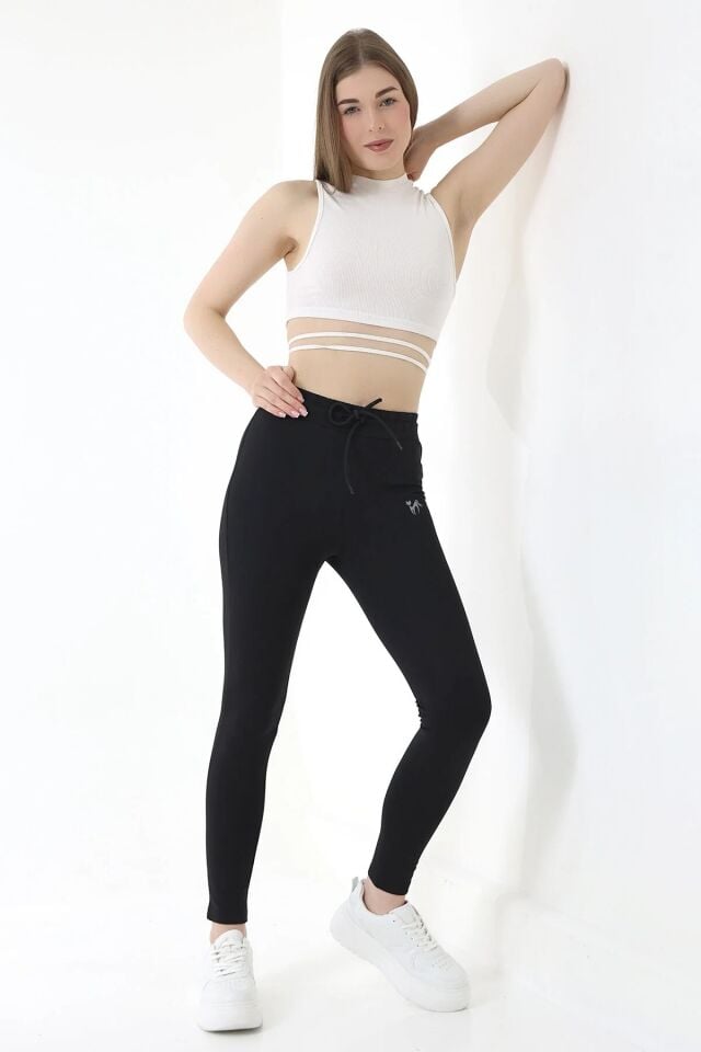 Kadın Siyah Orta Bel Likralı Kumaş Tayt Eşofman S - SİYAH