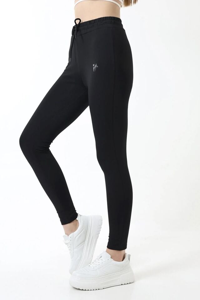 Kadın Siyah Orta Bel Likralı Kumaş Tayt Eşofman S - SİYAH