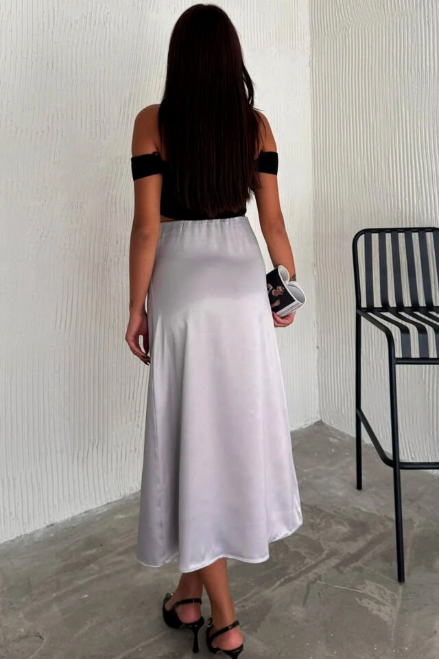 Kadın Saten Yüksek Bel 88cm Dokulu Etek XL - SİYAH