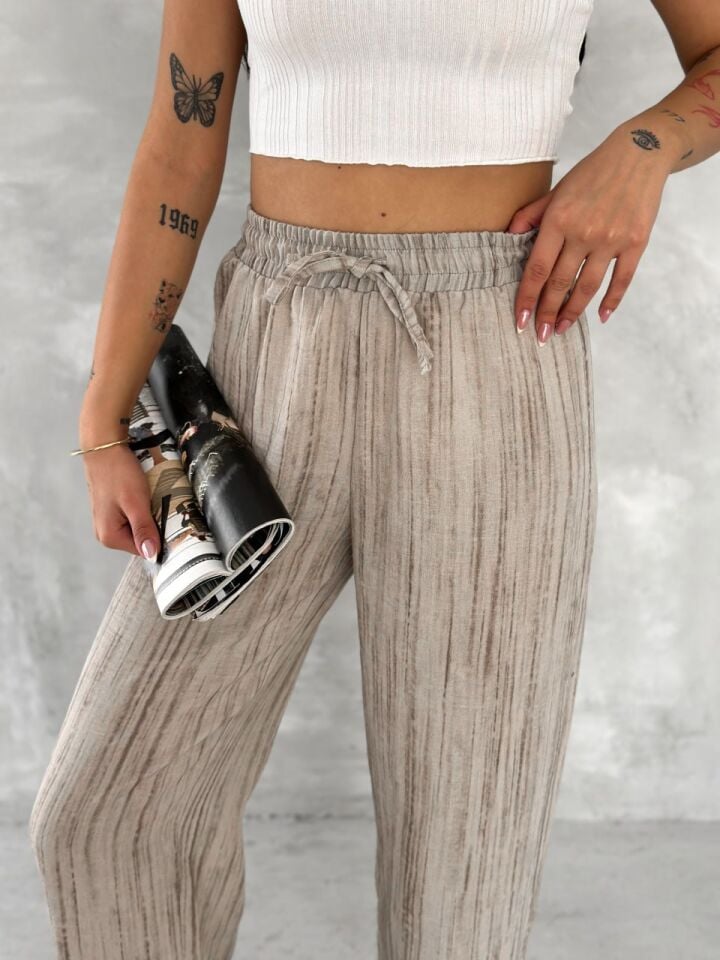 Kadın Bej Renk Lastikli Bol Paça Wide Lige Eskitme Keten Pantolon XL