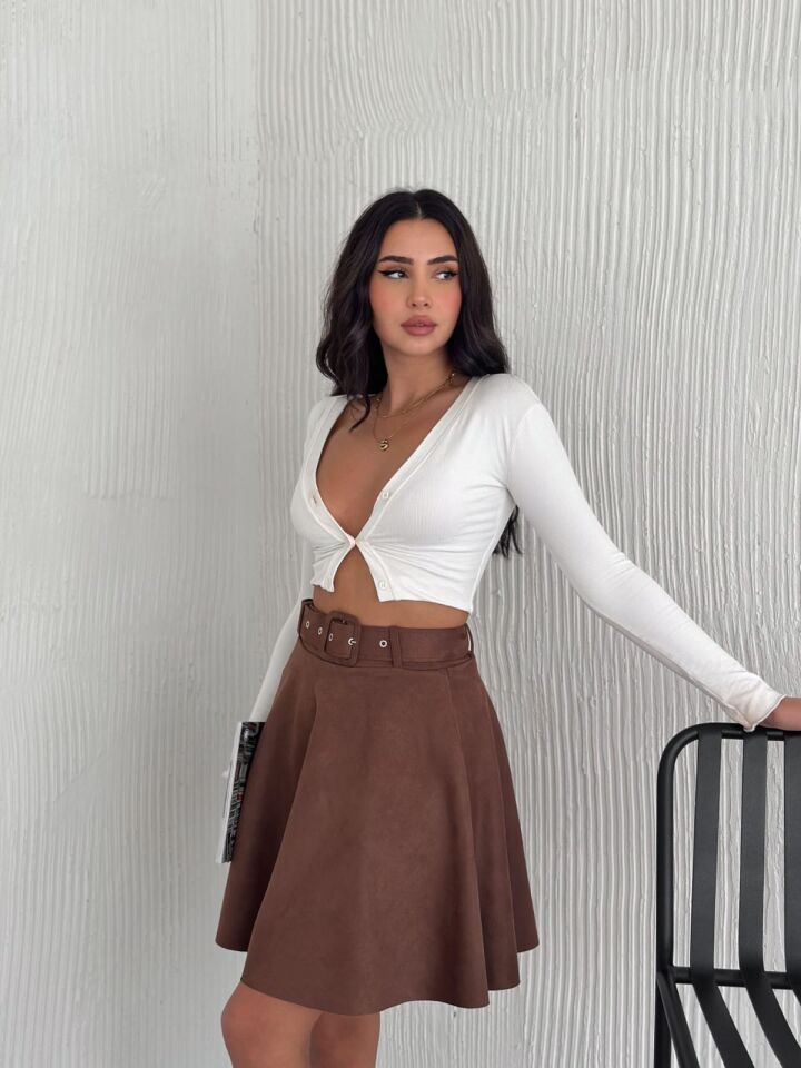 Kadın Kemerli Kloş Süet Etek 2423 L - KAHVERENGİ