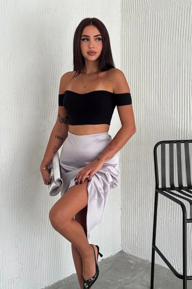 Kadın Saten Yüksek Bel 88cm Dokulu Etek S - GRİ