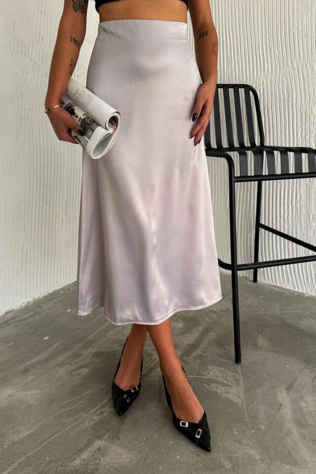 Kadın Saten Yüksek Bel 88cm Dokulu Etek S - GRİ