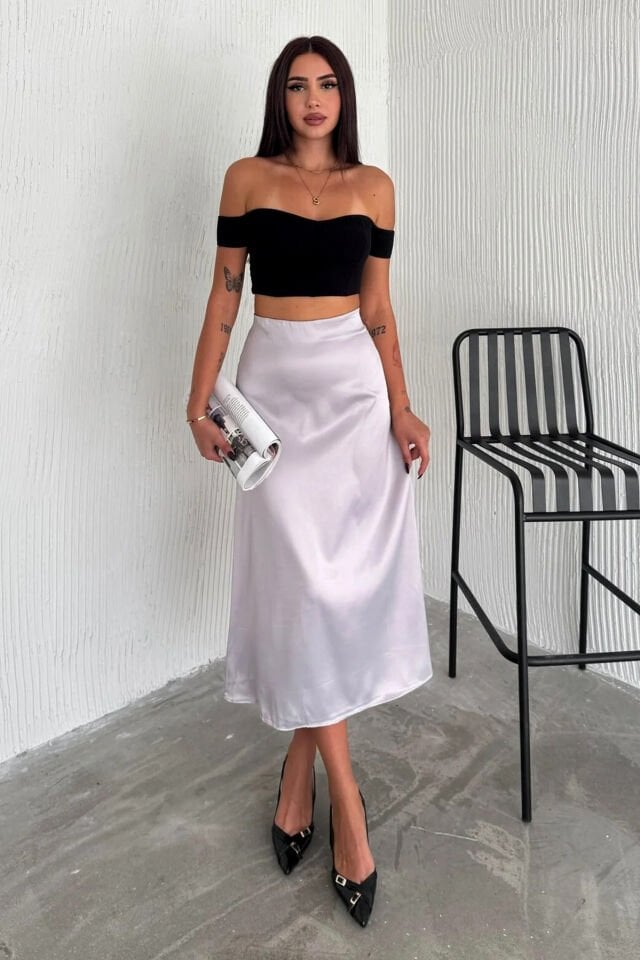 Kadın Saten Yüksek Bel 88cm Dokulu Etek L - GRİ