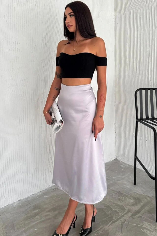 Kadın Saten Yüksek Bel 88cm Dokulu Etek L - GRİ