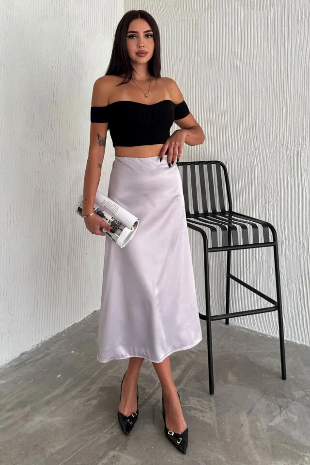 Kadın Saten Yüksek Bel 88cm Dokulu Etek L - GRİ