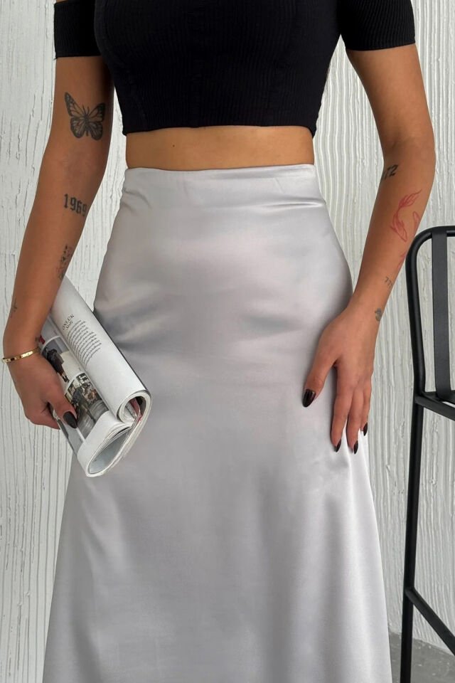 Kadın Saten Yüksek Bel 88cm Dokulu Etek L - GRİ