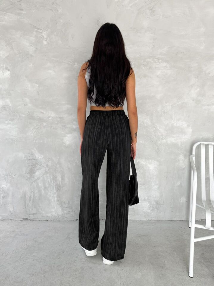 Kadın Siyah Renk Beli Lastikli Bol Paça Keten Pantolon XL