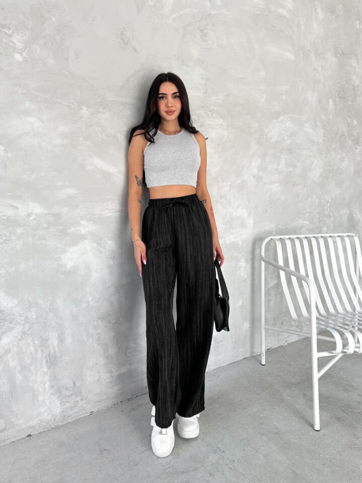Kadın Siyah Renk Beli Lastikli Bol Paça Keten Pantolon XL