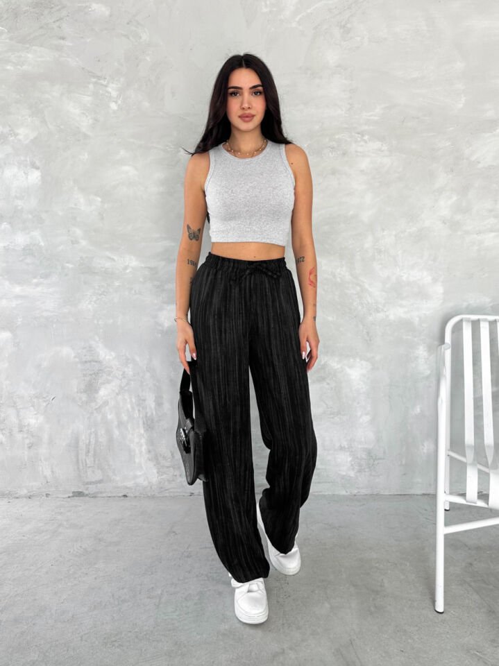 Kadın Siyah Renk Beli Lastikli Bol Paça Keten Pantolon XL