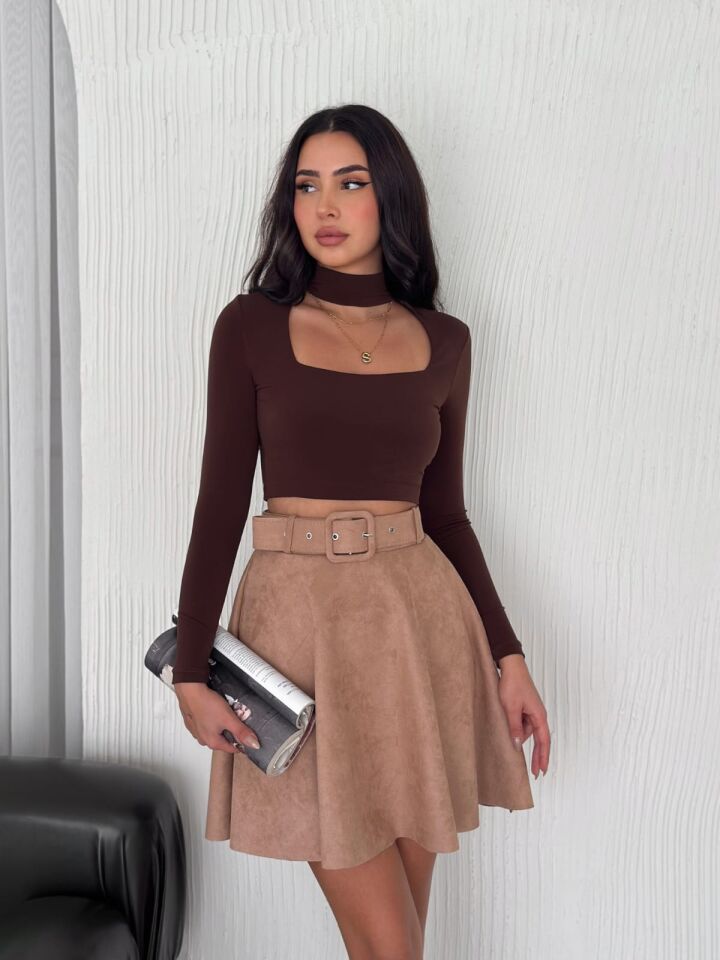 Kadın Kemerli Kloş Süet Etek 2423 S - BEJ