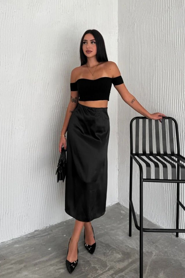 Kadın Saten Yüksek Bel 88cm Dokulu Etek L - SİYAH